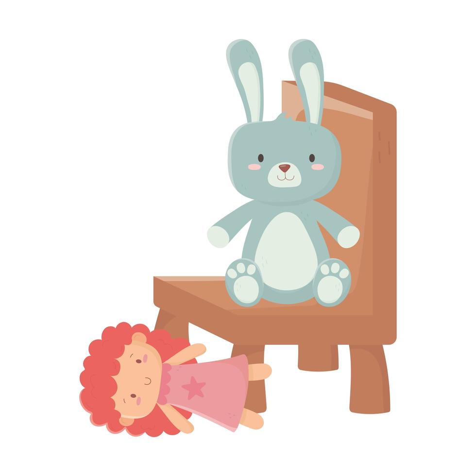 cadeira de madeira de brinquedos infantis com objeto de coelho e boneca desenho divertido vetor