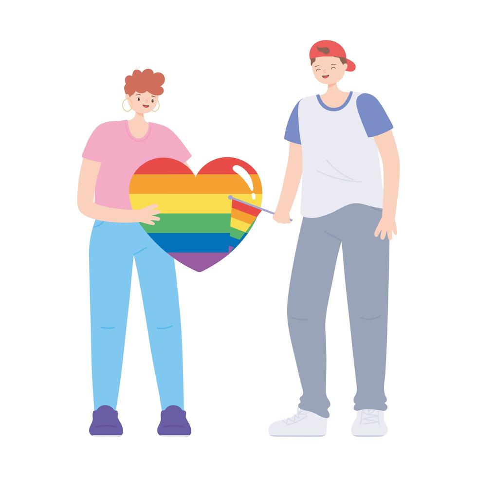 comunidade LGBTQ, comemorando os jovens com o arco-íris da bandeira do coração, desfile gay de protesto contra discriminação sexual vetor