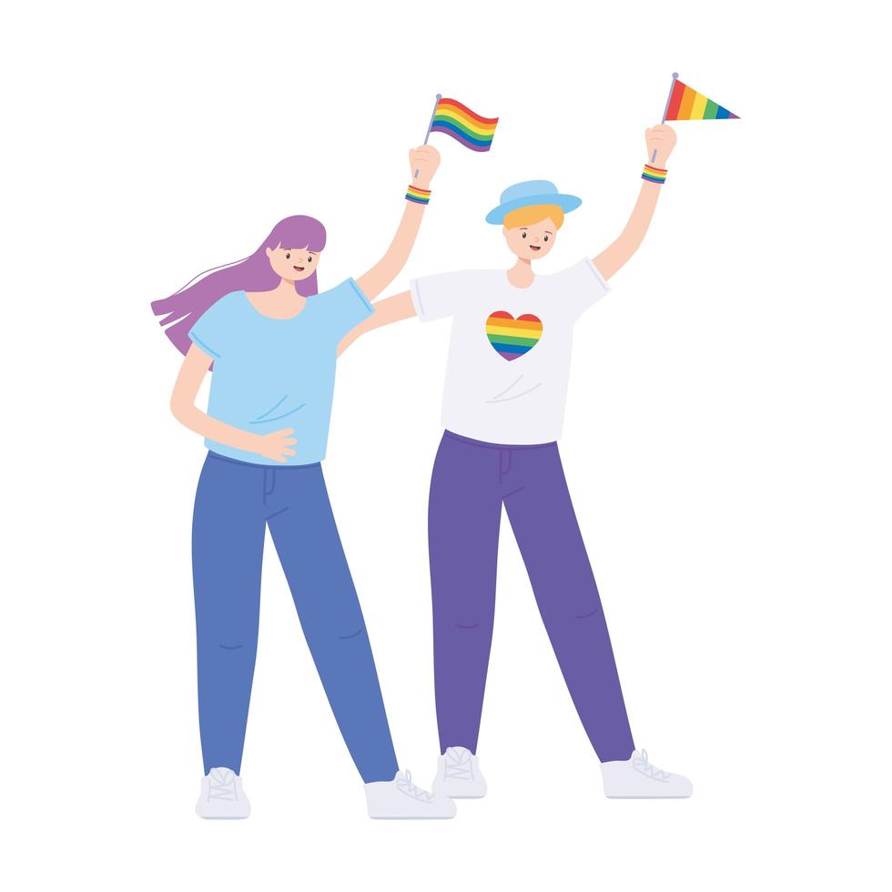 comunidade LGBT, jovens com bandeiras e arco-íris de coração, desfile gay de protesto contra discriminação sexual vetor