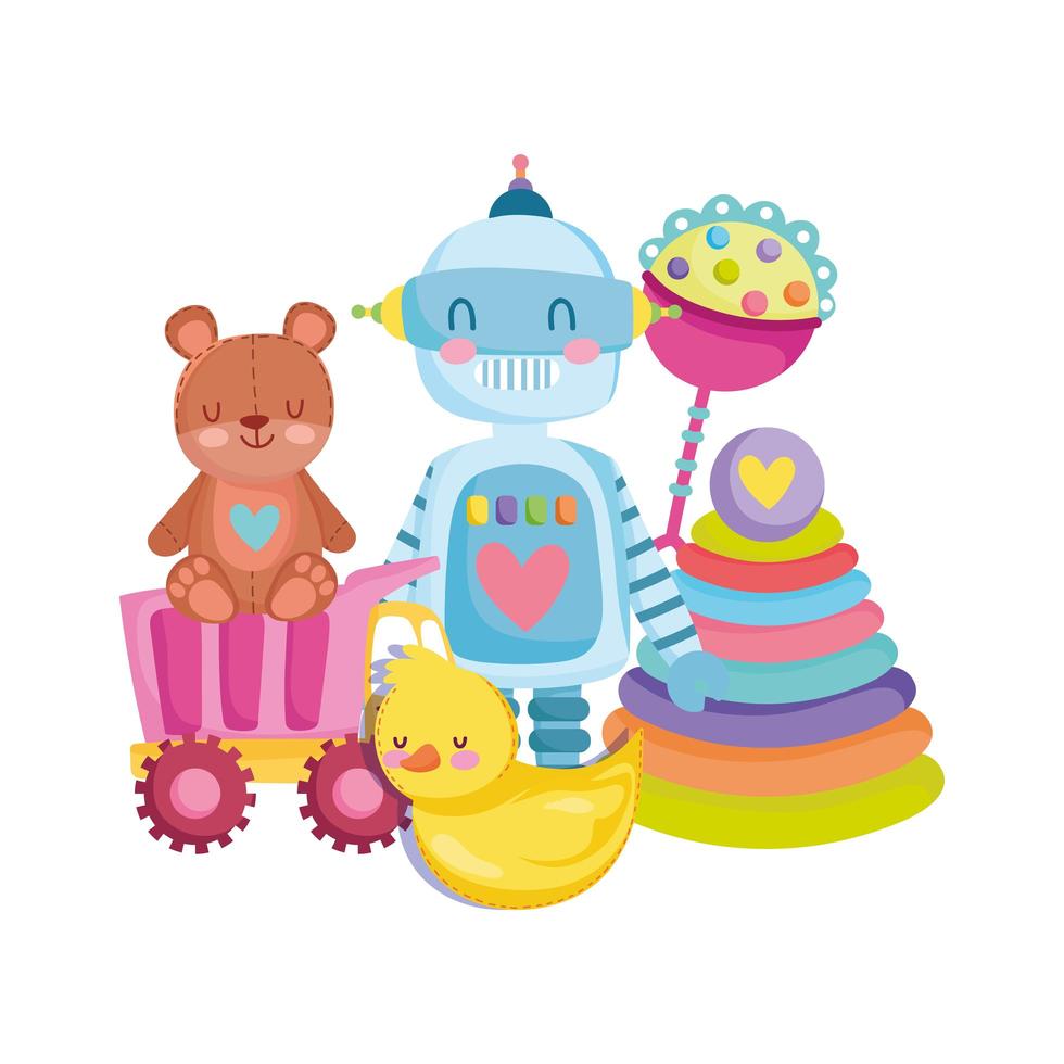 objetos de brinquedos para crianças pequenas brincarem desenho animado urso de pelúcia robô pato rattle caminhão e pirâmide vetor