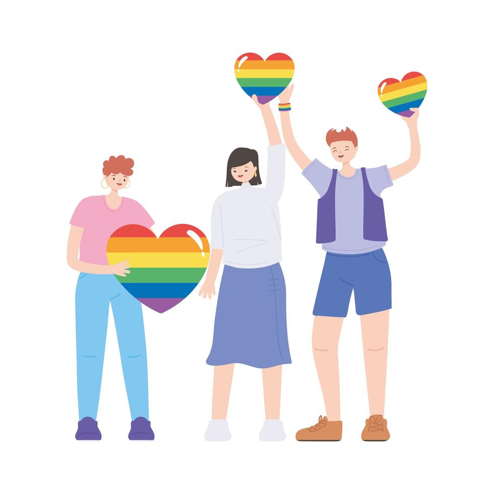 comunidade LGBTQ, grupo diverso com corações de arco-íris, desfile gay de protesto contra discriminação sexual vetor