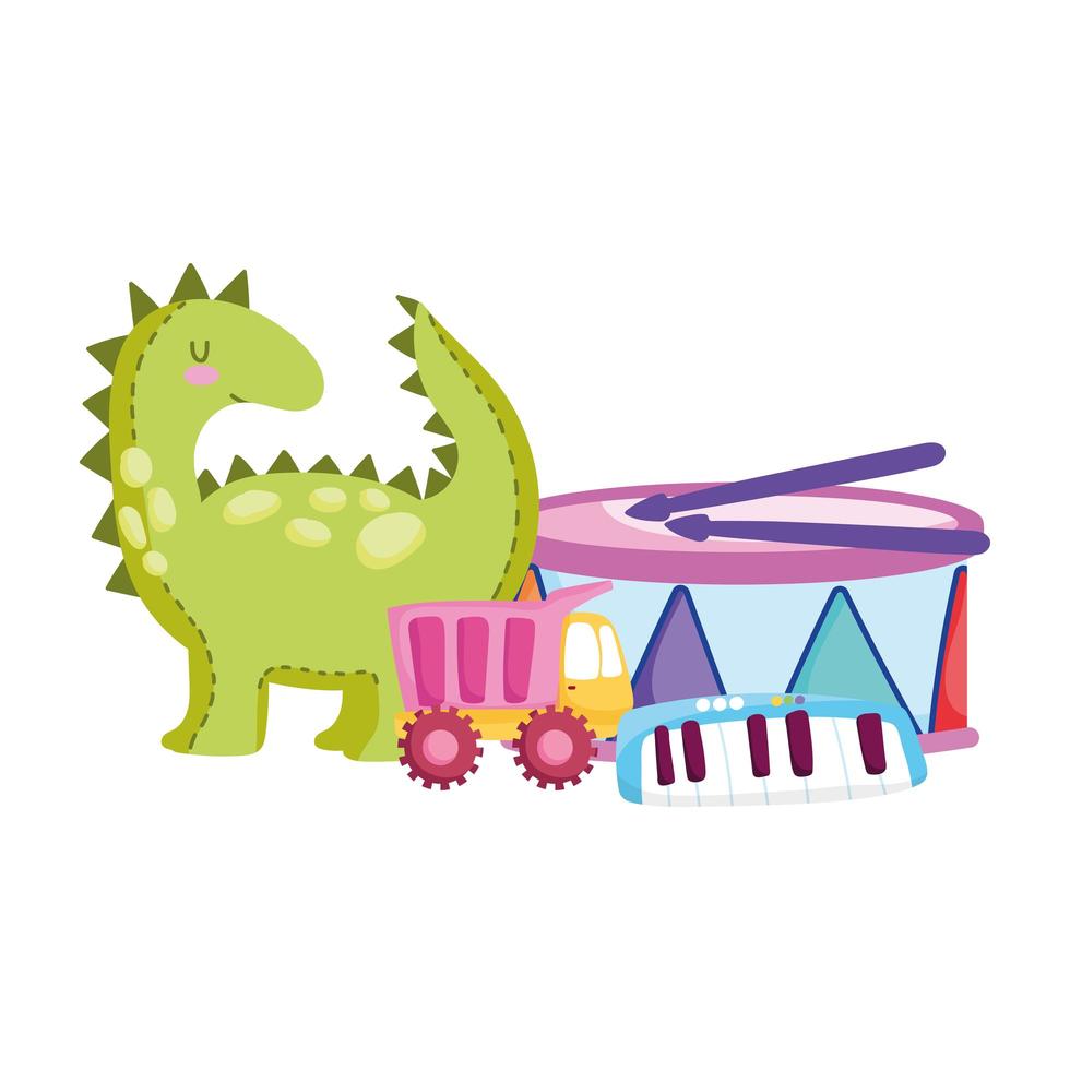 objetos de brinquedos para crianças pequenas brincarem de desenho animado, caminhão de dinossauro e piano vetor