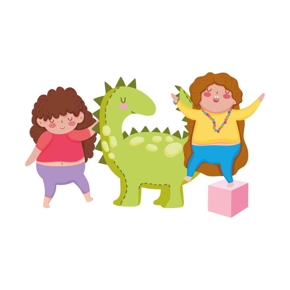 objetos de brinquedos para crianças pequenas brincarem de desenho animado, meninas felizes com dinossauro e cubo vetor