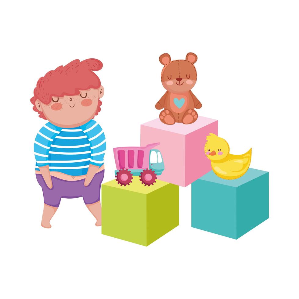 objetos de brinquedos para crianças pequenas brincarem de desenho animado, menino com caminhão de urso pato e cubos vetor
