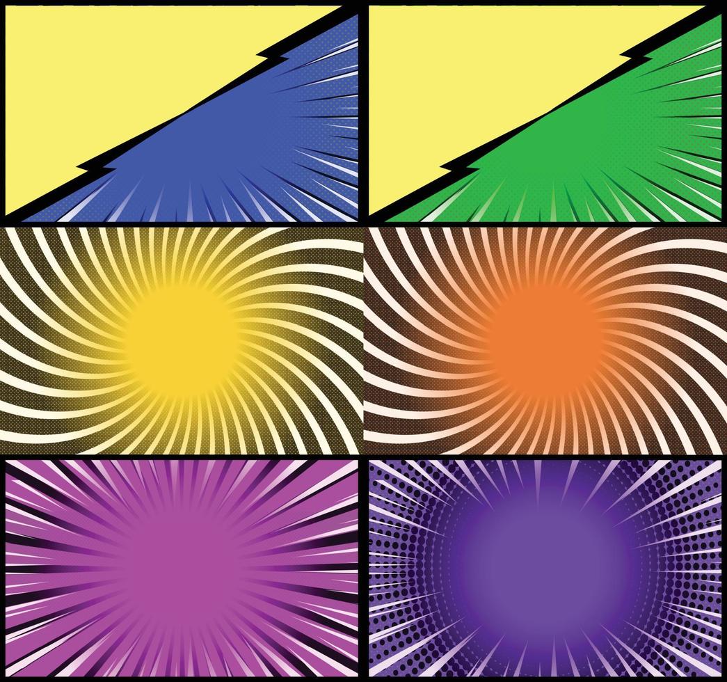 fundo de quadros coloridos de quadrinhos com raios de meio-tom radial e efeitos pontilhados estilo pop art vetor