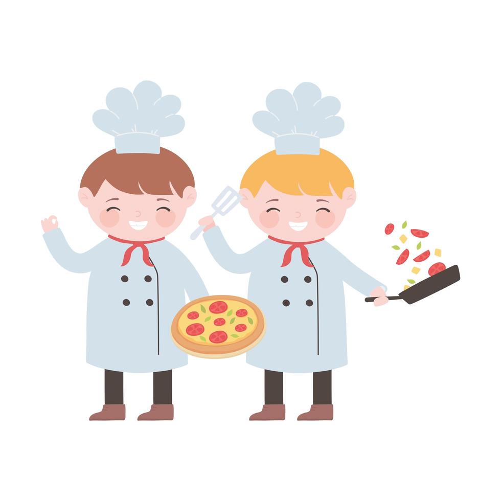 personagem de desenho animado de chefs com pizza de vegetais e espátula vetor