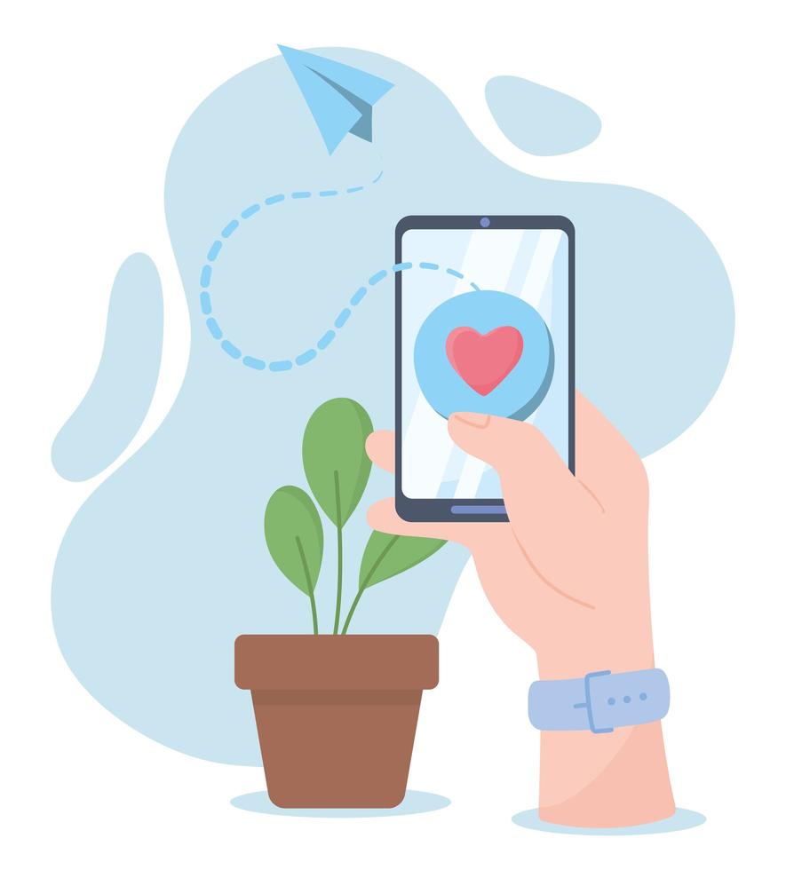 mão com comunicação e tecnologias de rede social de mensagem de amor de smartphone vetor