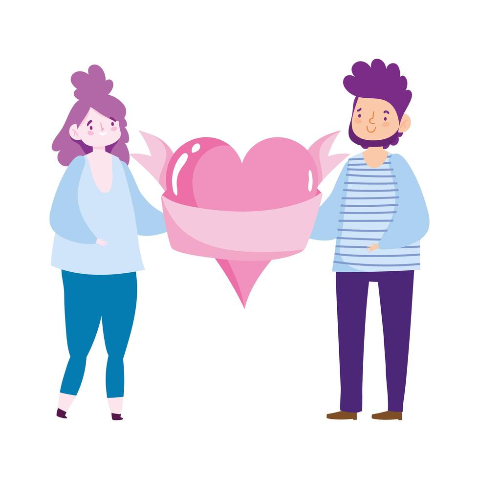 jovem casal segurando um coração rosa com desenho romântico de desenho animado vetor
