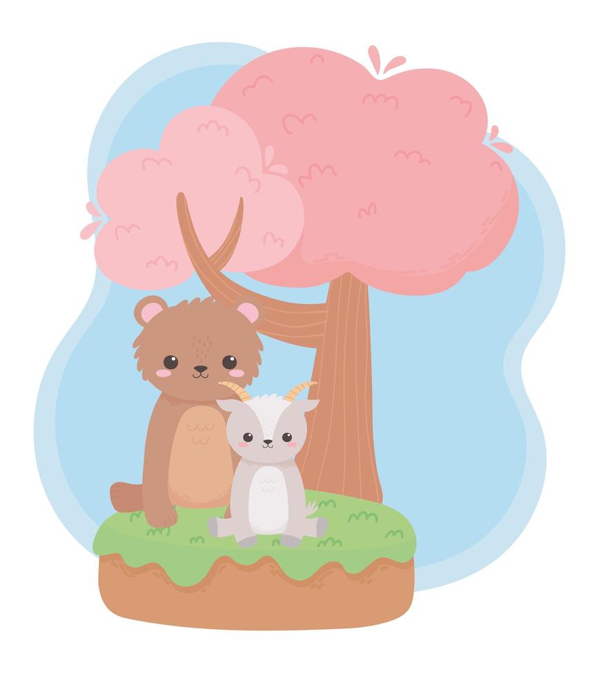 fofo urso de cabra com animais de desenho animado em uma paisagem natural vetor