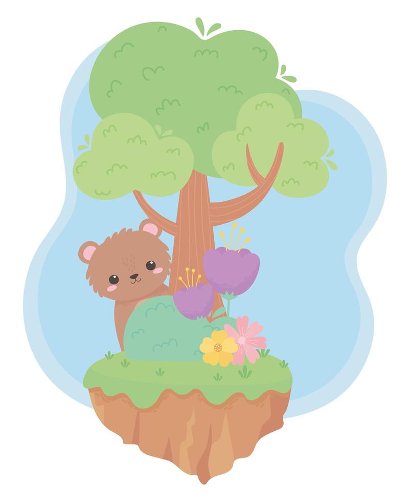 fofinho urso flores árvore arbusto grama desenhos animados animais em uma paisagem natural vetor