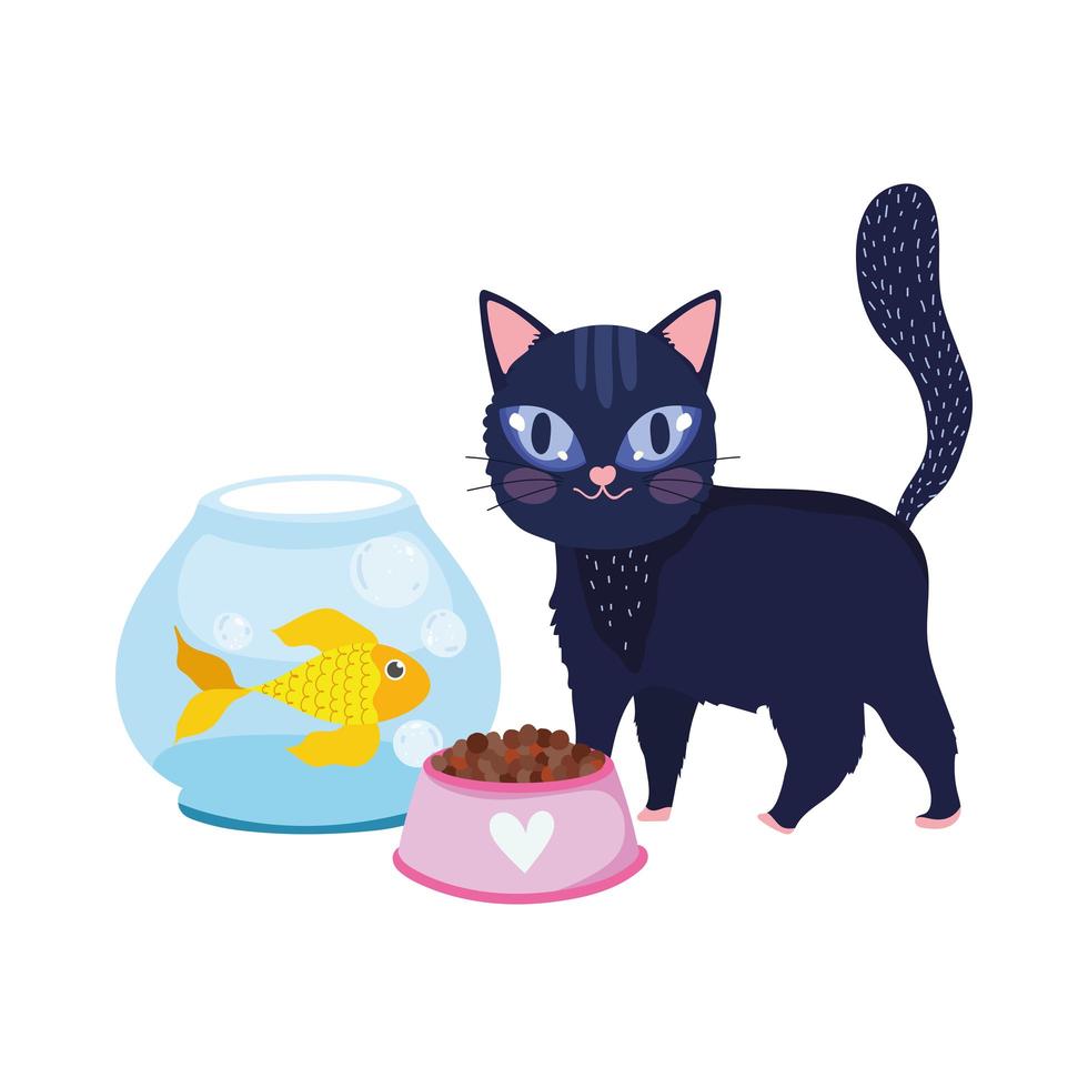 pet shop, gato preto peixe gatinho tigela comida animal doméstico desenho animado vetor