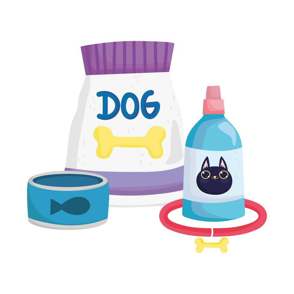 pet shop, tigela de embalagem de alimentos, frasco de remédio e coleira animal doméstico desenho animado vetor