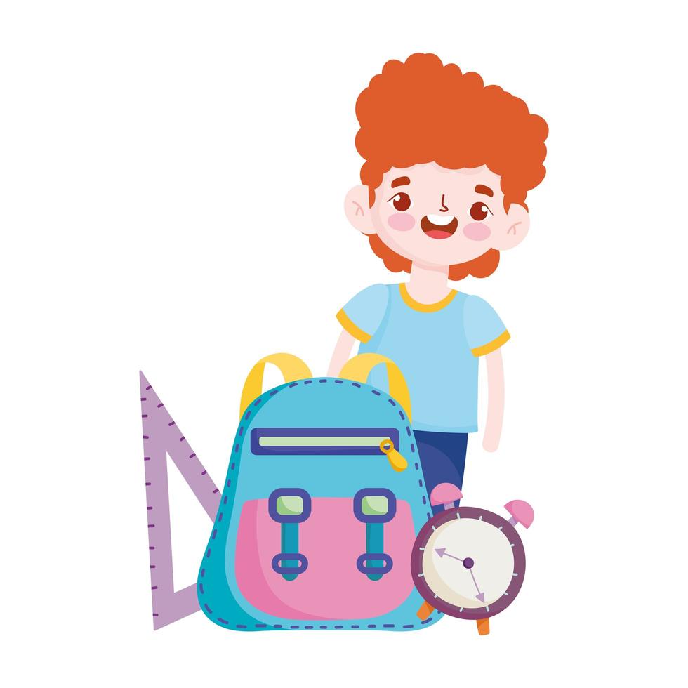 volta às aulas, estudante menino mochila relógio régua desenho animado educação elementar vetor