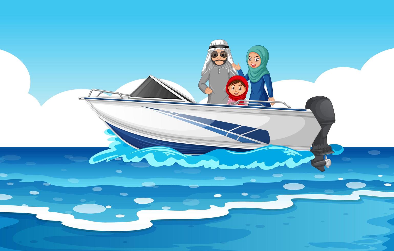 cena do mar com família árabe na lancha vetor
