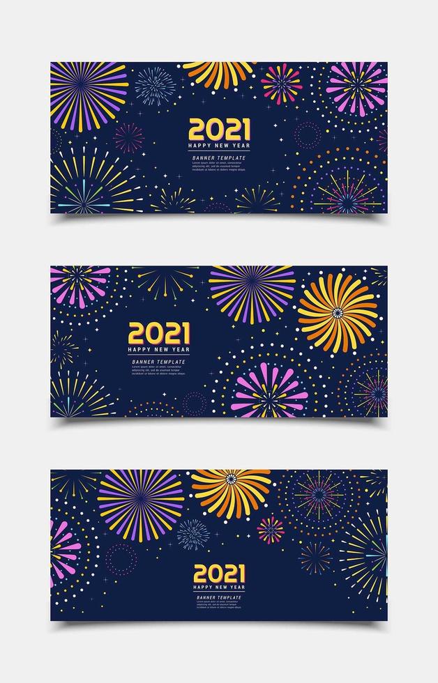 feliz ano novo 2021 modelos de banner plano de fogos de artifício vetor