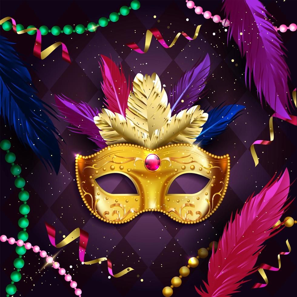 conceito de máscara e miçangas douradas de carnaval mardi gras vetor