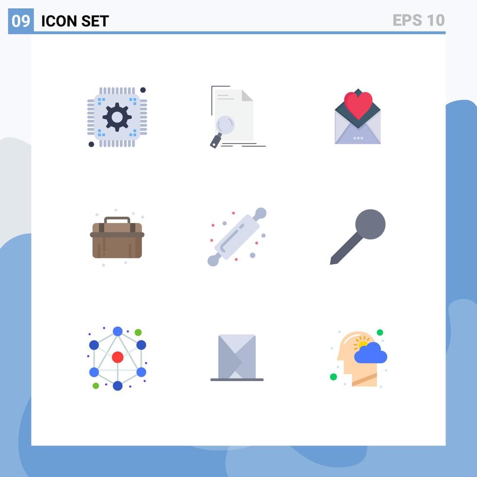 pacote de 9 sinais e símbolos modernos de cores planas para mídia impressa na web, como página de encanador de sistema, carta de amor mecânica, elementos de design vetorial editáveis vetor