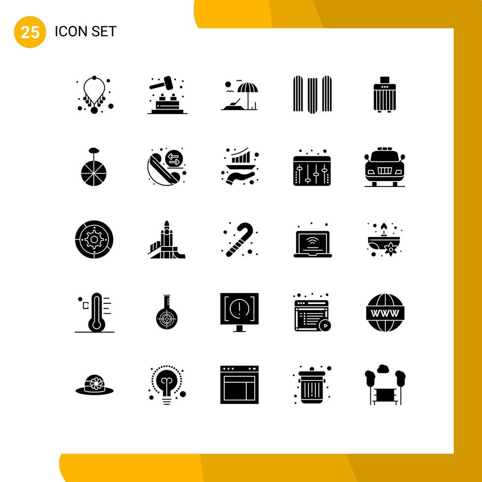 conjunto moderno de 25 glifos e símbolos sólidos, como arquivos de bagagem de solário, bolsa de roda, elementos de design vetorial editáveis vetor