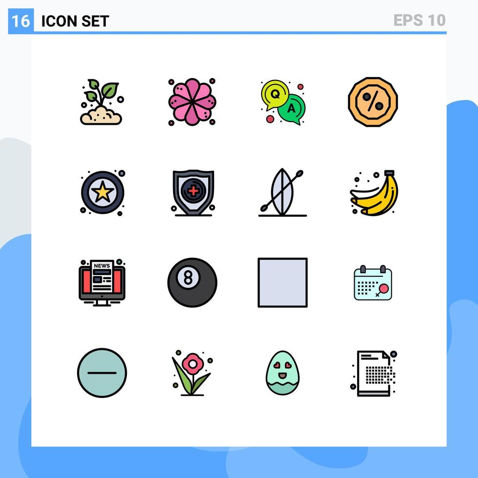 pacote de 16 sinais e símbolos modernos de linhas cheias de cores planas para mídia impressa na web, como proteção, questão da web, estrela, por cento, elementos de design de vetores criativos editáveis
