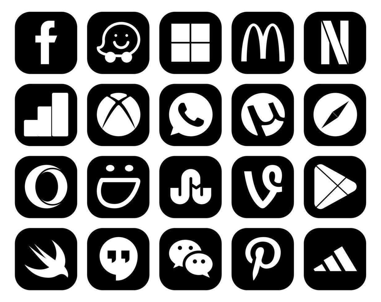 Pacote de 20 ícones de mídia social, incluindo swift google play utorrent vine smugmug vetor