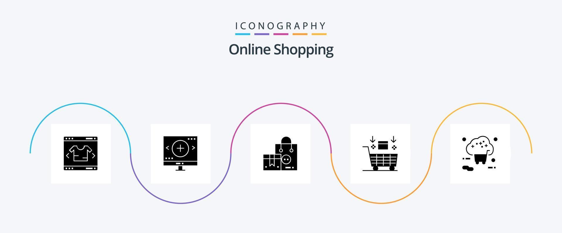pacote de ícones de glifo 5 de compras on-line, incluindo compras. carrinho. procurar. ai. Shopping vetor