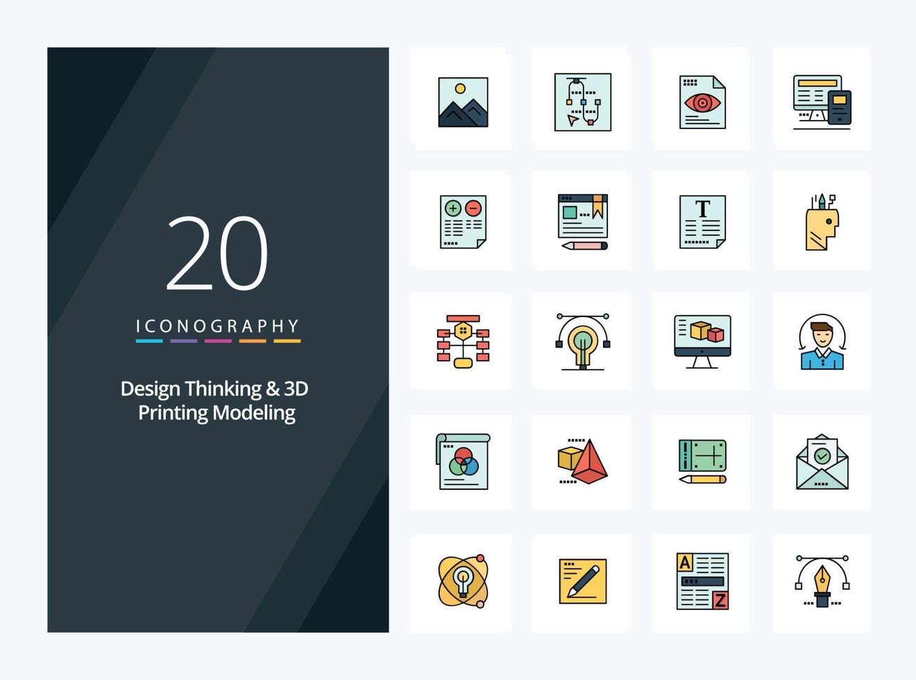 20 pensamento de design e ícone de linha de modelagem de impressão d preenchido para apresentação vetor