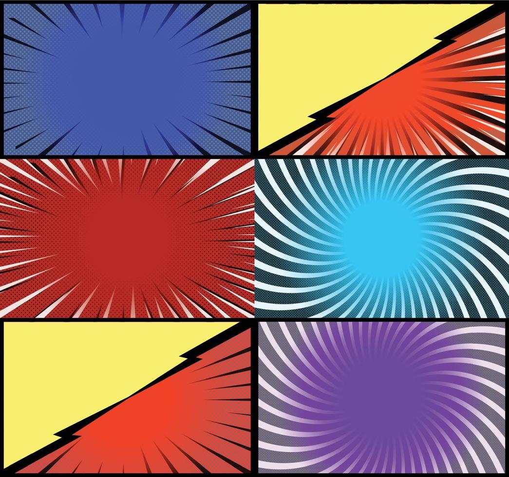 fundo de quadros coloridos de quadrinhos com raios de meio-tom radial e efeitos pontilhados estilo pop art vetor