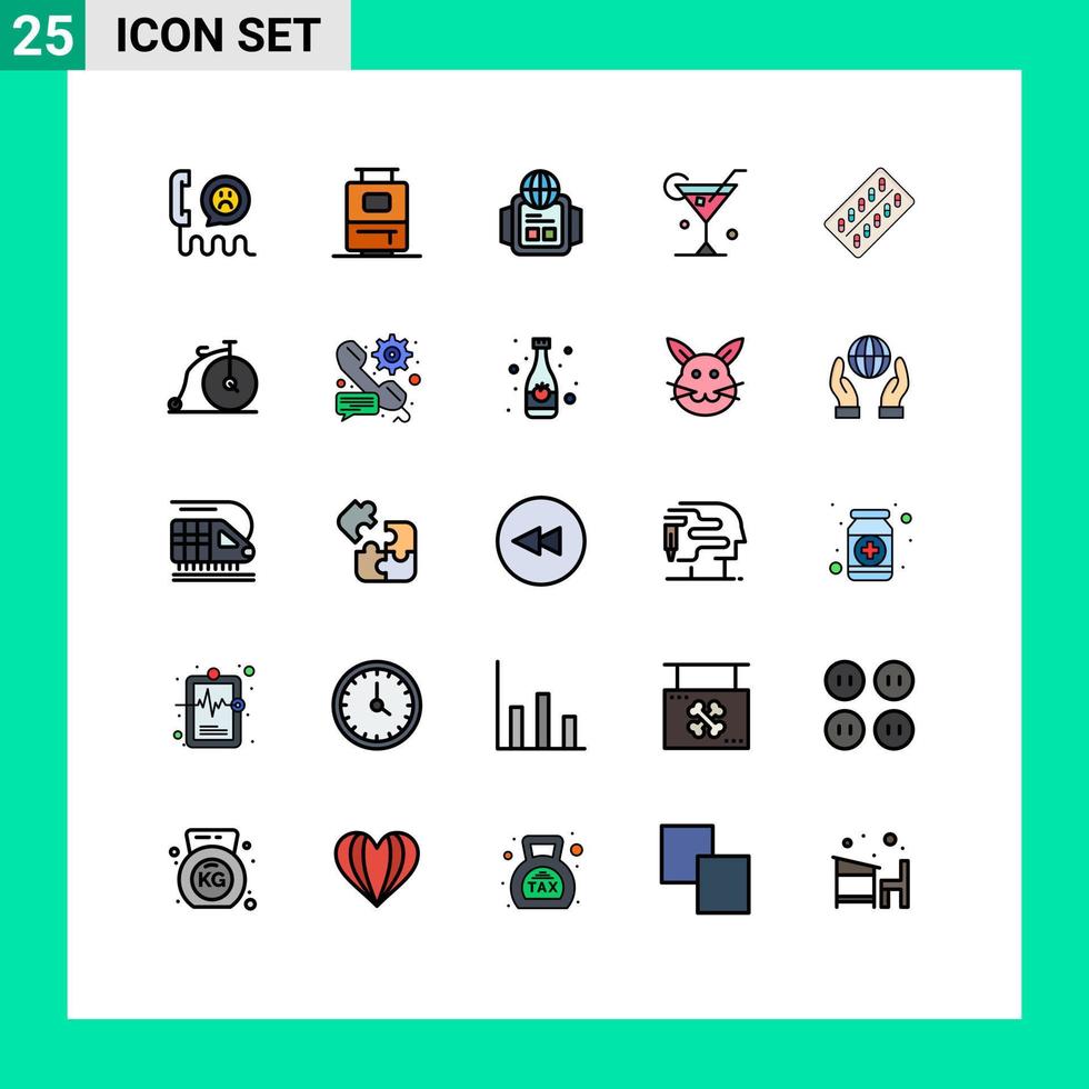 pacote de 25 sinais e símbolos modernos de cores planas de linha preenchida para mídia impressa na web, como drogas, tecnologia de medicina, bebida de primavera, elementos de design de vetores editáveis