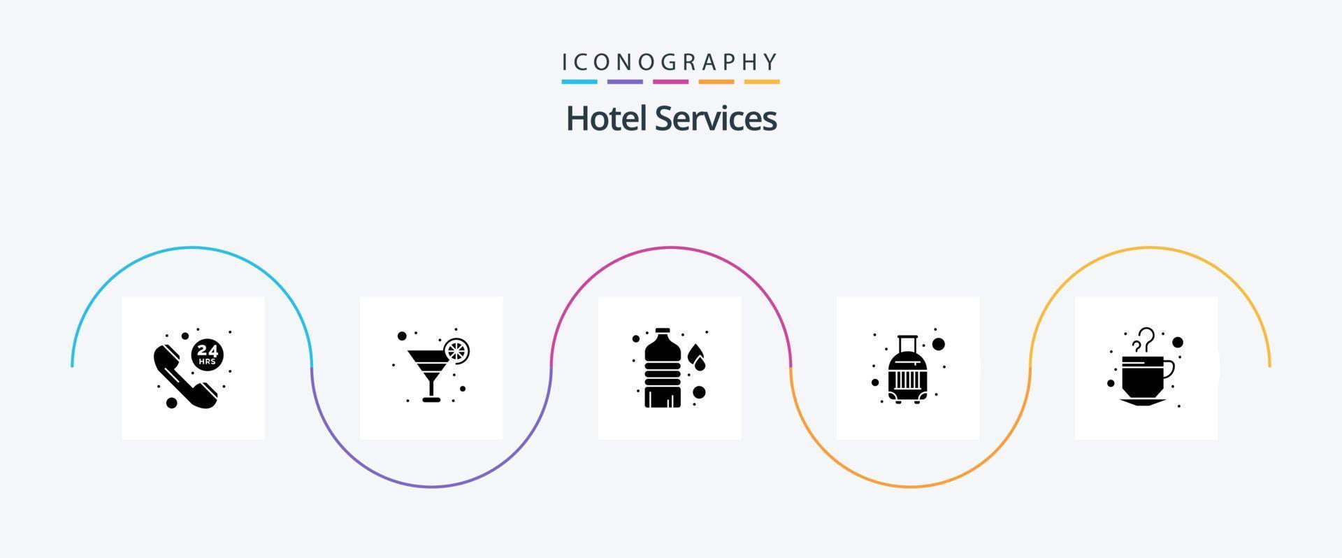 pacote de ícones de glifo 5 de serviços de hotel, incluindo bebida. copo. agua. café. mala vetor