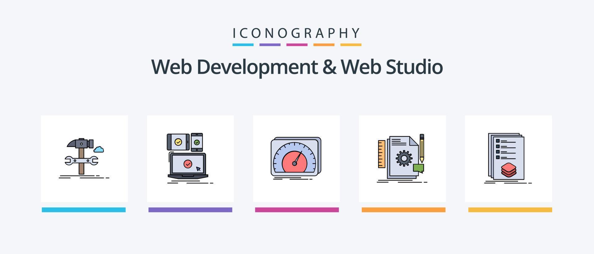 desenvolvimento web e linha de estúdio web cheia de 5 ícones, incluindo instantâneo. volume. diagrama. esporte. otimização. design de ícones criativos vetor