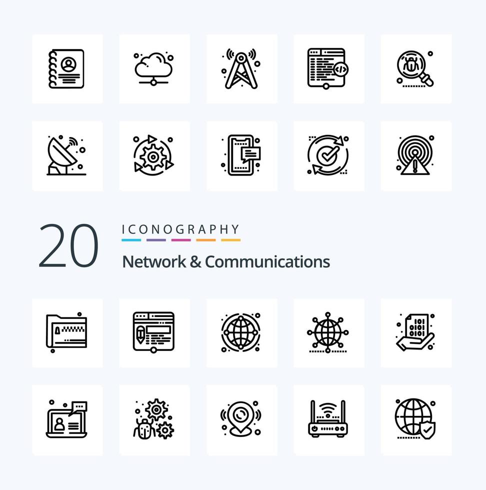 20 pacotes de ícones de rede e linha de comunicação, como rede mundial de site de código de compartilhamento vetor