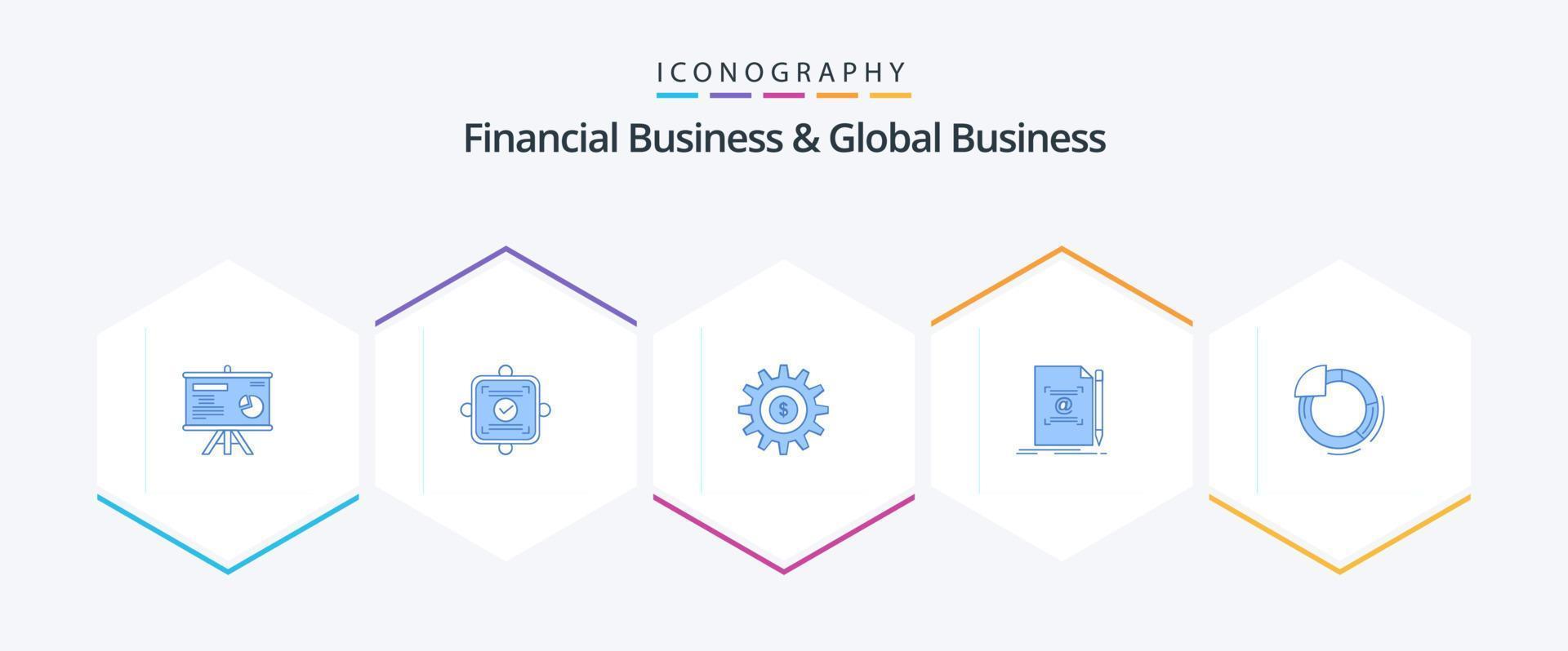 negócios financeiros e negócios globais 25 pacote de ícones azuis, incluindo gráfico. correspondência. engrenagem. texto. Nota vetor