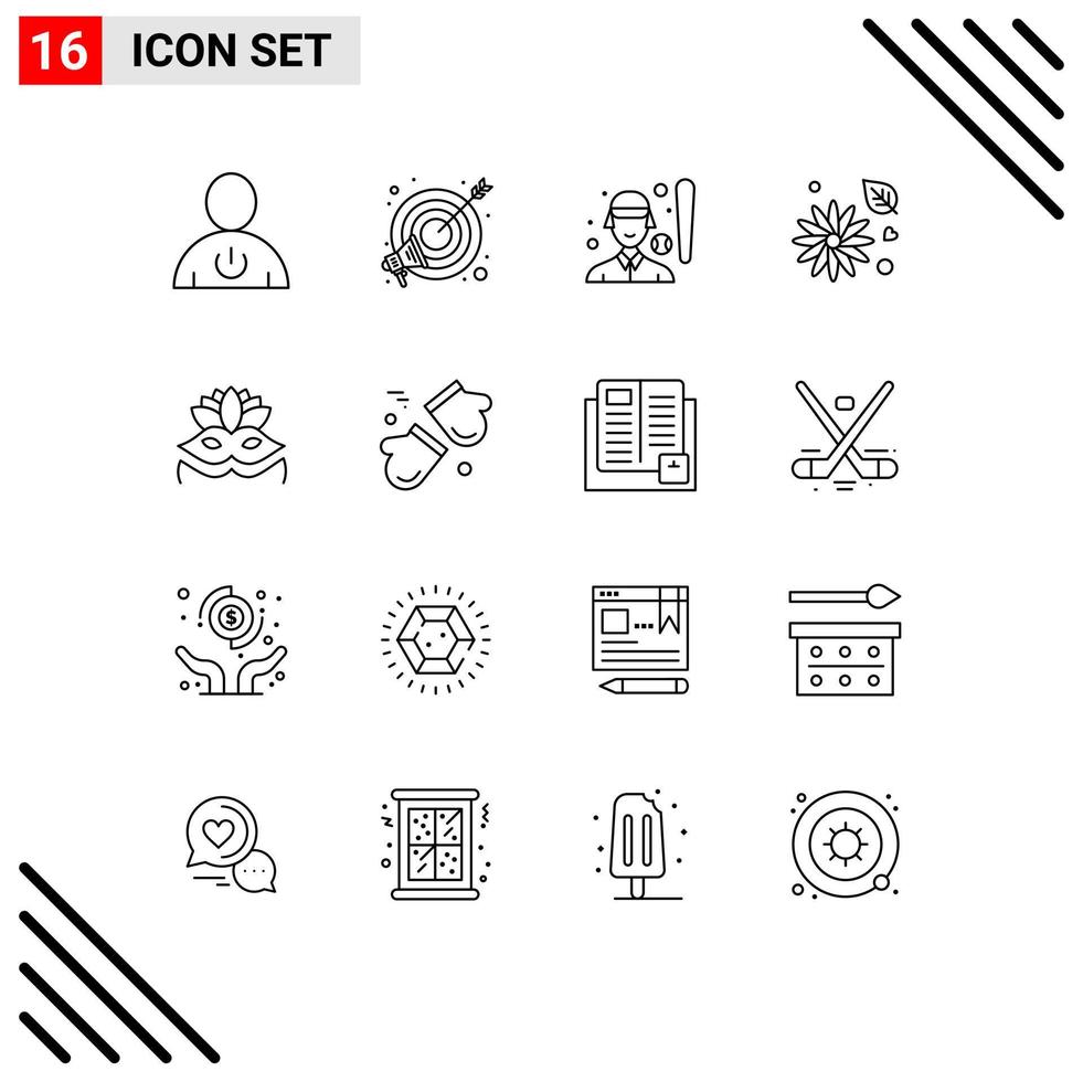 conjunto moderno de 16 contornos e símbolos, como elementos de design de vetores editáveis de jogador de flor de marketing de botão de ouro da natureza