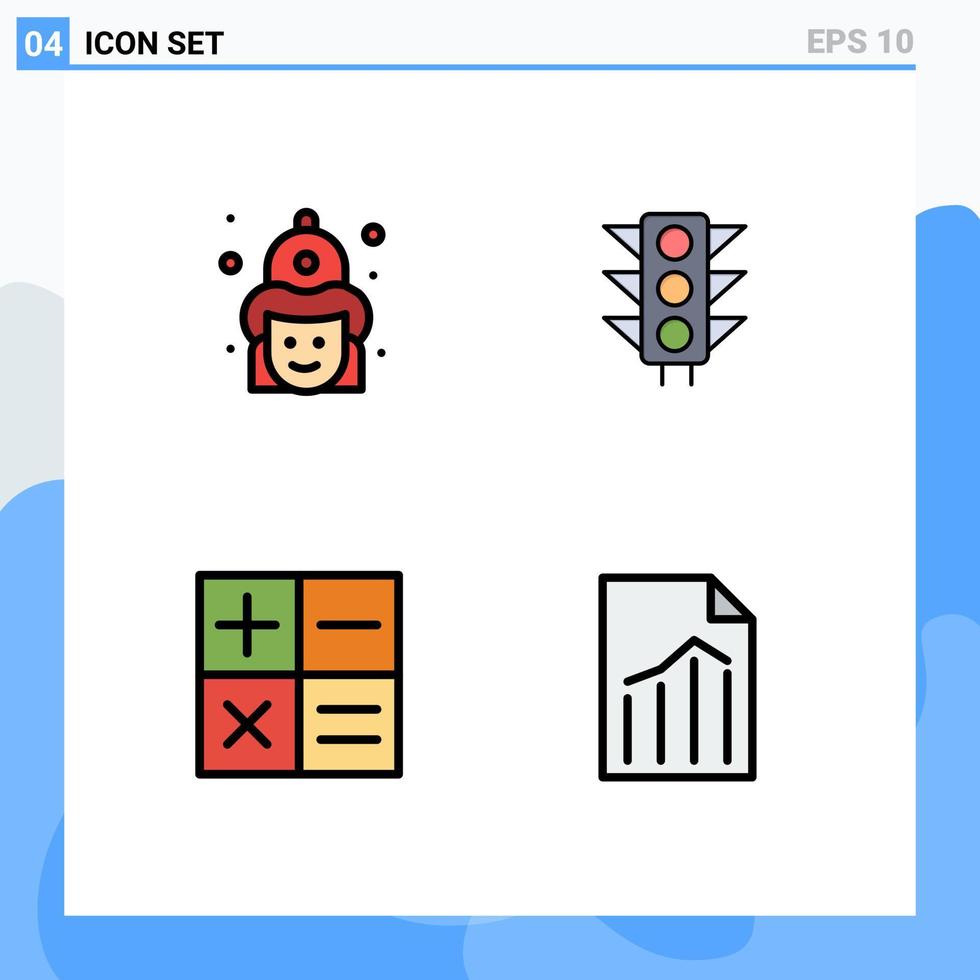pacote de 4 sinais e símbolos modernos de cores planas de linha preenchida para mídia impressa na web, como calculadora de luta, bombeiros, assinam mini elementos de design de vetores editáveis