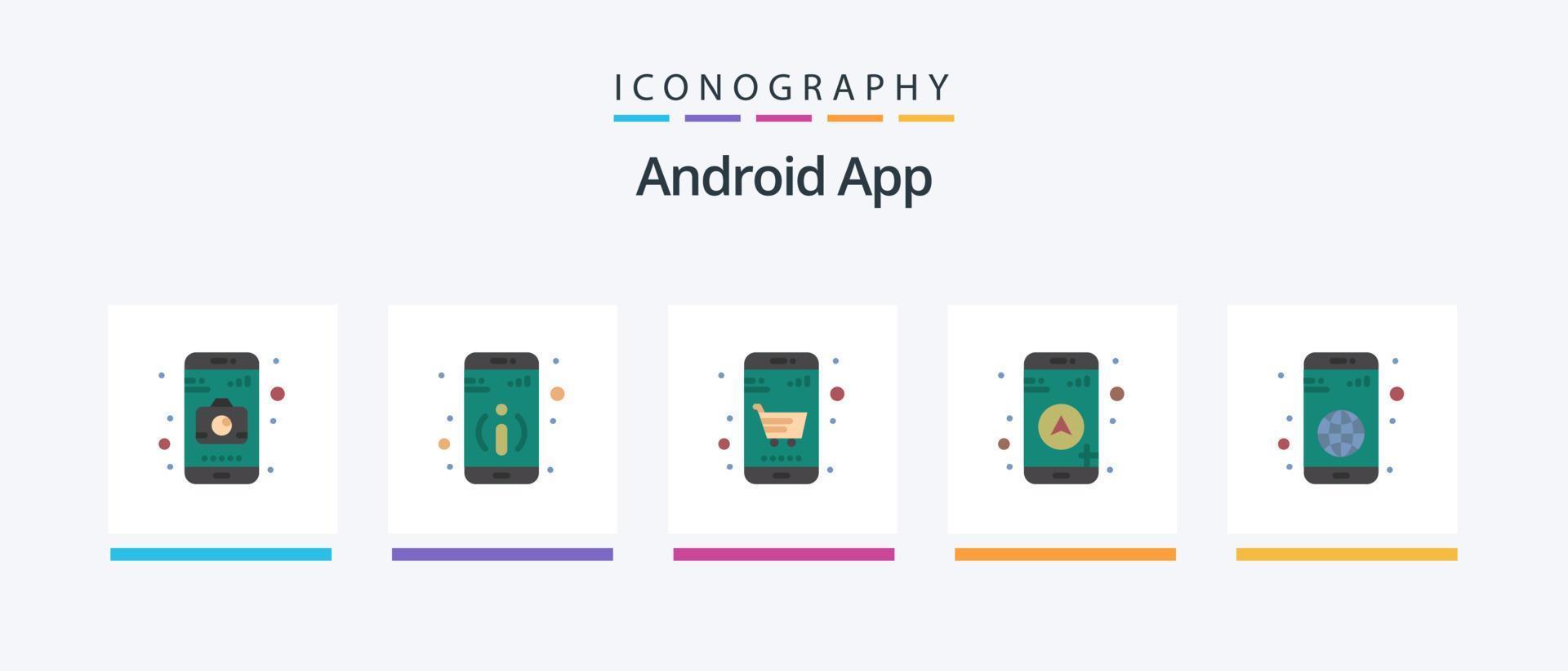 Android App Flat 5 Icon Pack incluindo . globo. carrinho. aplicativo. navegação. design de ícones criativos vetor