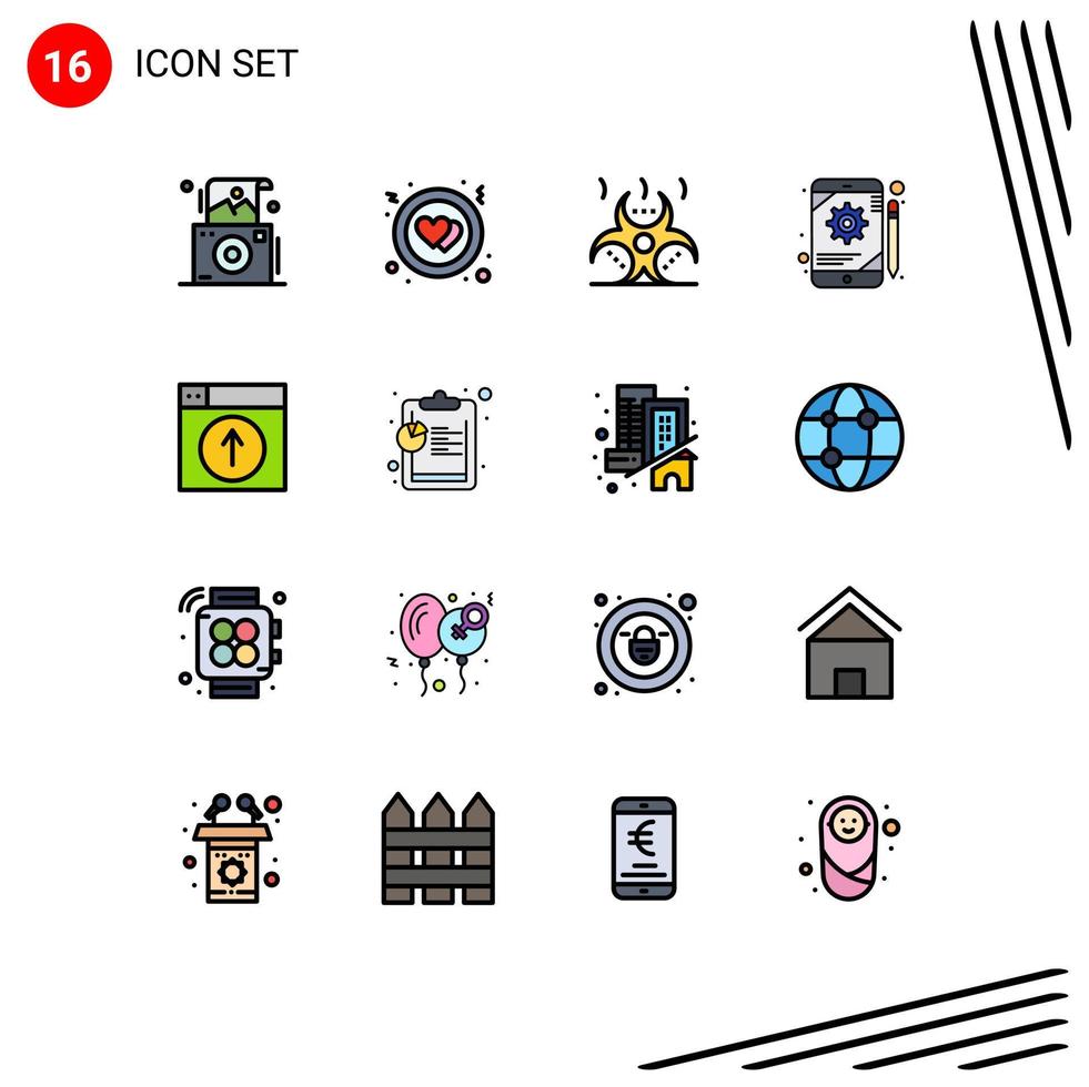 pacote de linha vetorial editável de 16 linhas preenchidas de cor plana simples de configuração de tablet de contaminação de upload da web elementos de design de vetor criativo editável