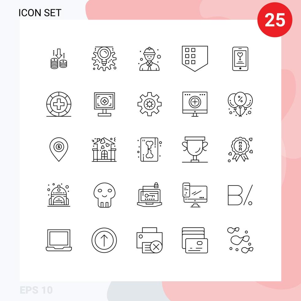 Pacote de linha de interface de usuário 25 de sinais e símbolos modernos de elementos de design de vetor editáveis de segurança de aplicativo de trabalhador de linha móvel amante
