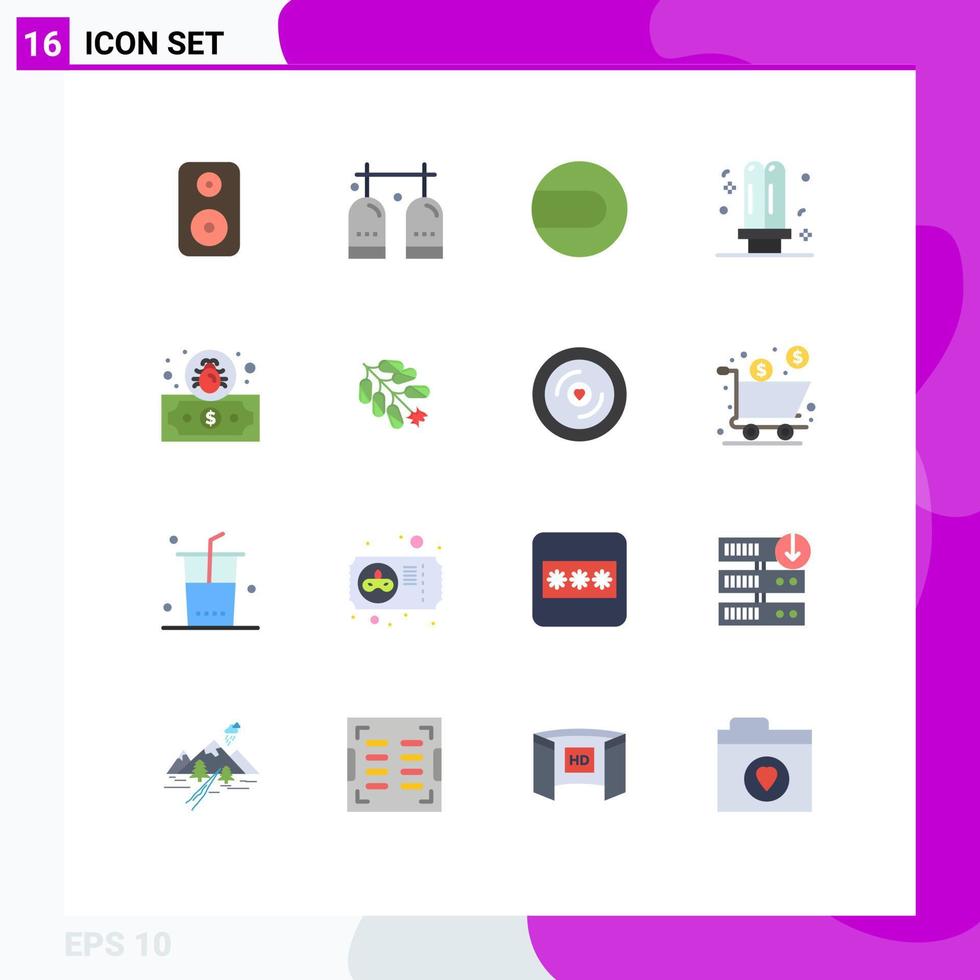 pacote de 16 sinais e símbolos modernos de cores planas para mídia impressa na web, como pacote editável de eletricidade fluorescente de bola de luz de pagamento de elementos de design de vetores criativos