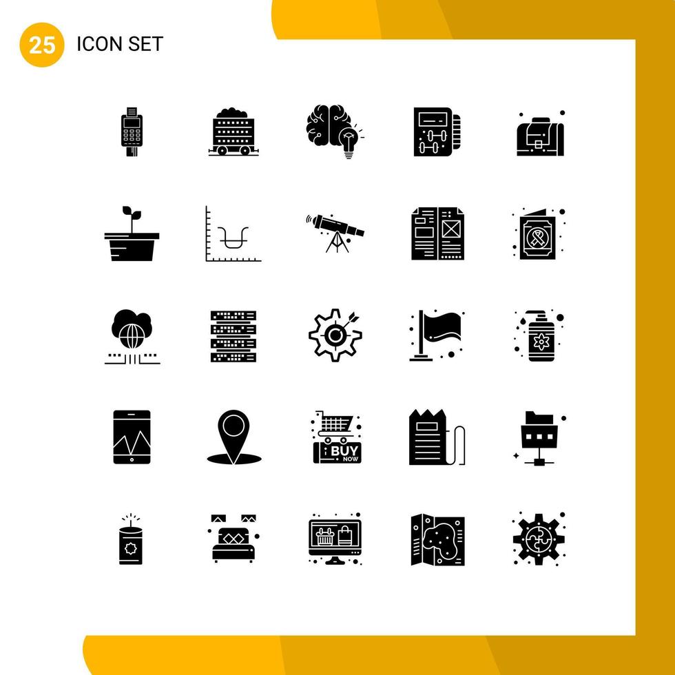 conjunto de glifos sólidos de interface móvel de 25 pictogramas de elementos de design de vetores editáveis de mente de carrinho de mão de ginástica