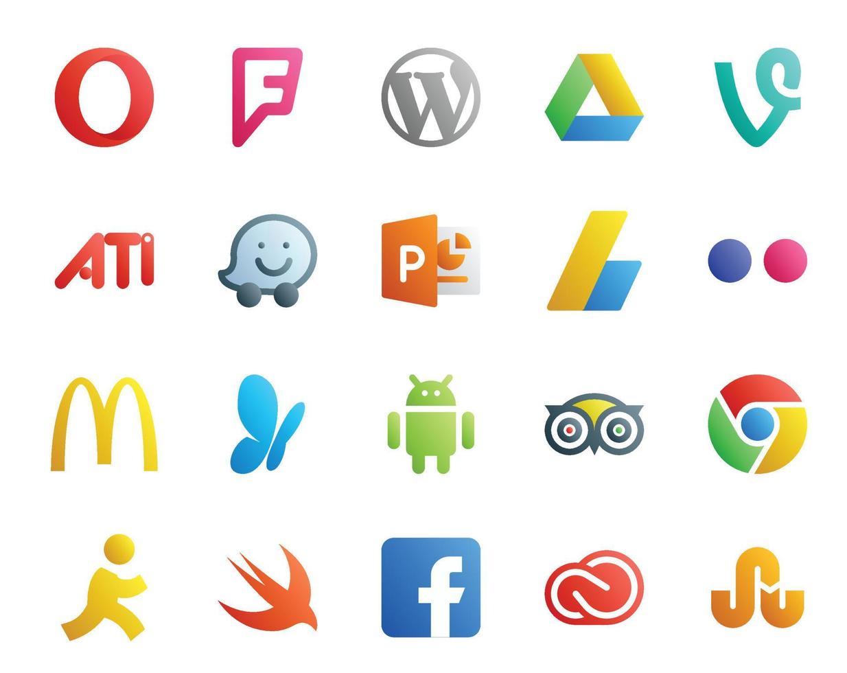 20 pacotes de ícones de mídia social, incluindo chrome tripadvisor powerpoint android mcdonalds vetor