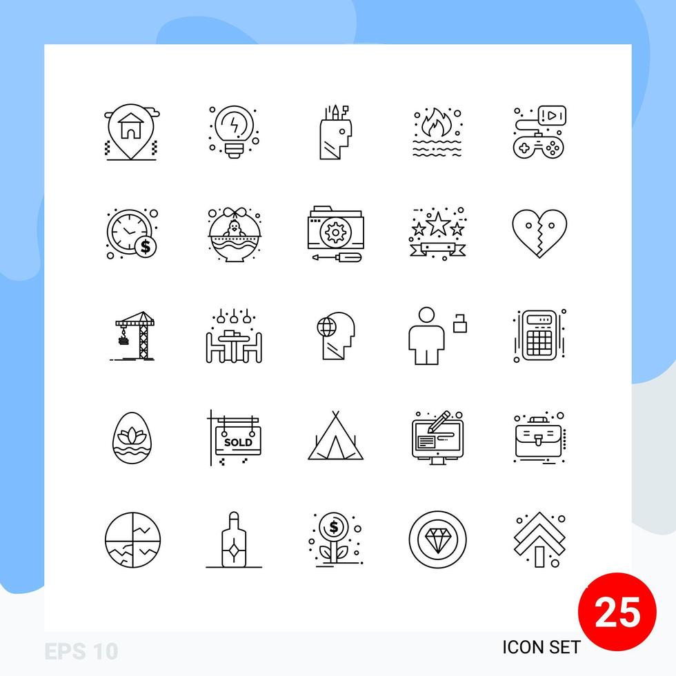 25 ícones criativos, sinais e símbolos modernos do jogo, caneta de fumaça, poluição, fogo, elementos de design vetorial editáveis vetor