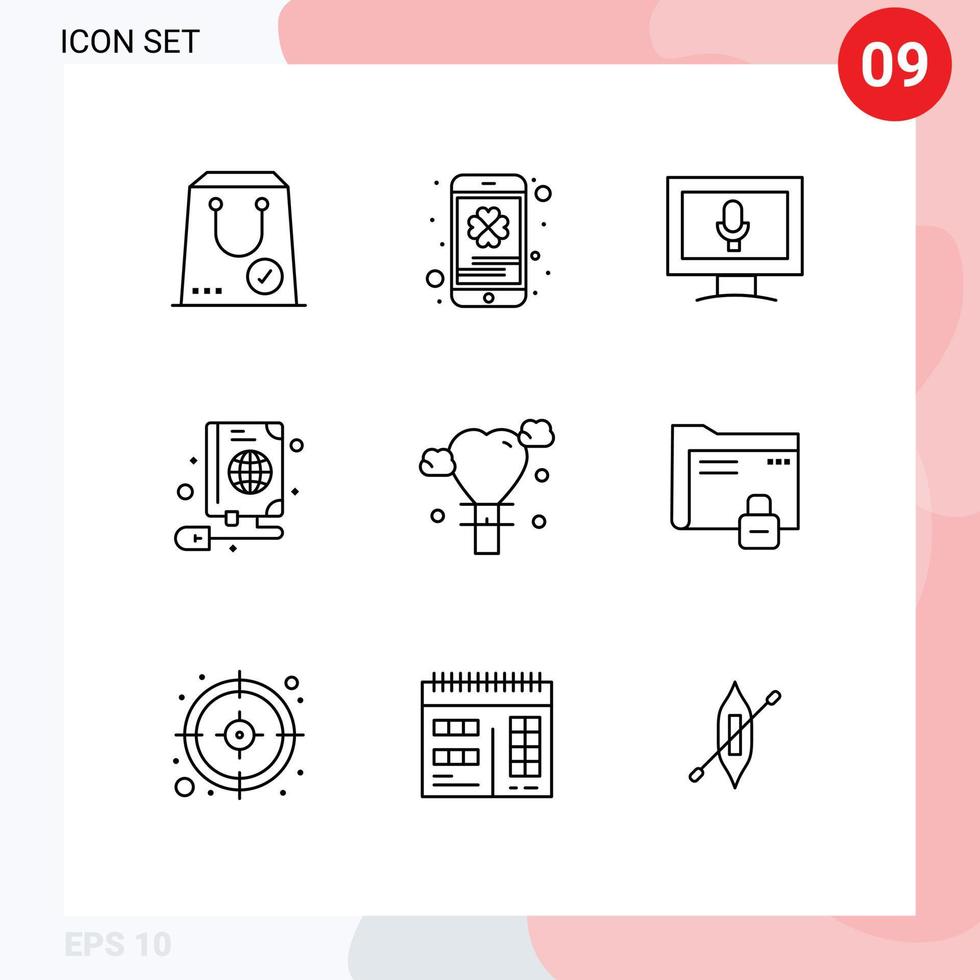 pacote de interface de usuário de 9 contornos básicos de elementos de design de vetores editáveis de mouse de santo globo de amor