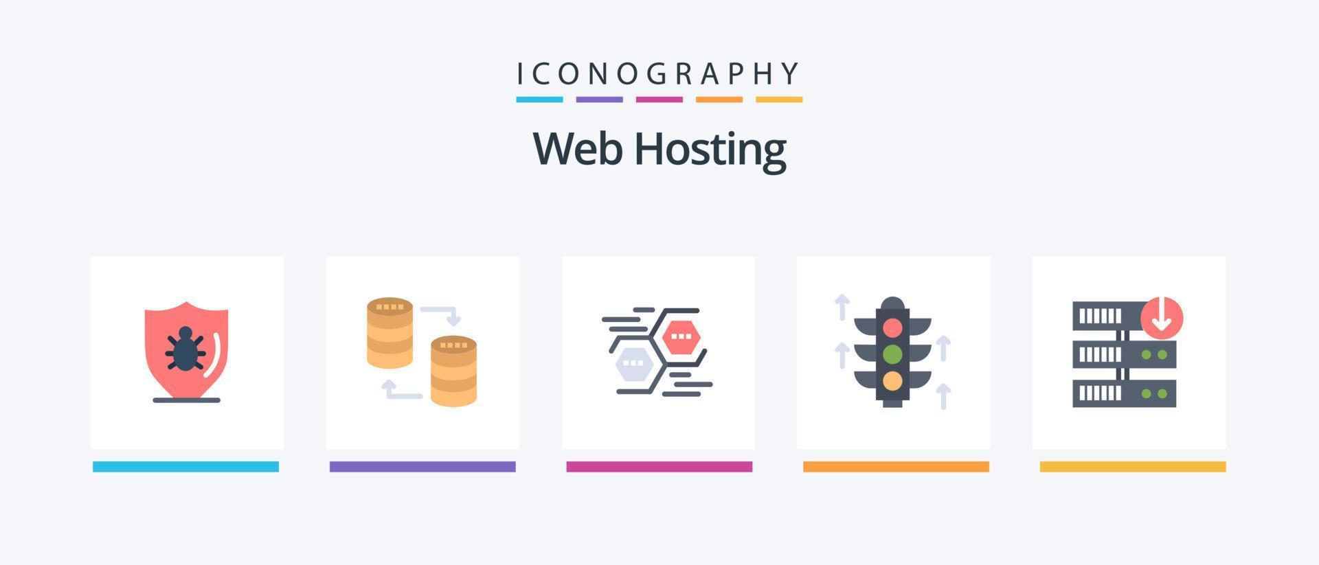 web hosting flat 5 icon pack incluindo servidor. rodo. armazenar. digital. dados. design de ícones criativos vetor