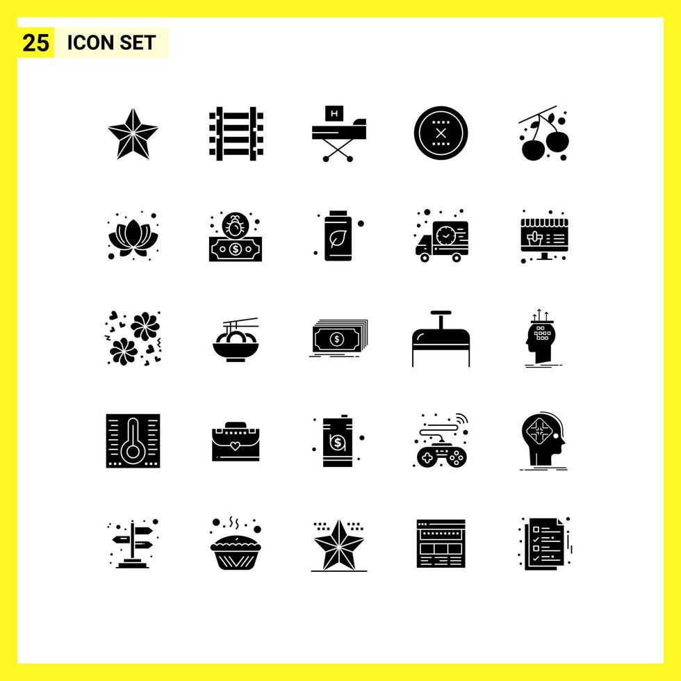 pacote de 25 sinais e símbolos de glifos sólidos modernos para mídia impressa na web, como elementos de design de vetores editáveis de saúde de círculo de cama próxima de interface