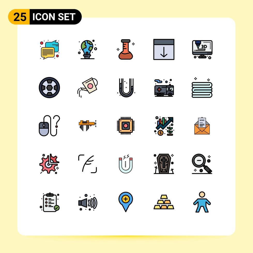 pacote de cores planas de linha preenchida de 25 símbolos universais da grade de layout químico da página do computador elementos de design vetorial editáveis vetor
