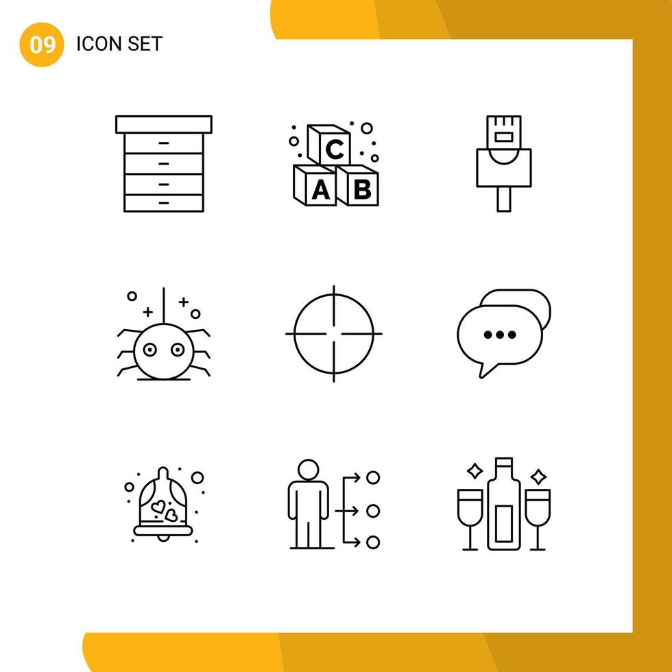 conjunto de 9 sinais de símbolos de ícones de interface do usuário modernos para bate-papo vista ethernet ginásio spider elementos de design de vetores editáveis