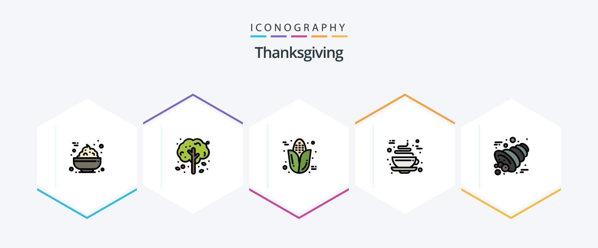 pacote de ícones de 25 linhas preenchidas de ação de graças, incluindo buzina. outono. cob. quente. café vetor