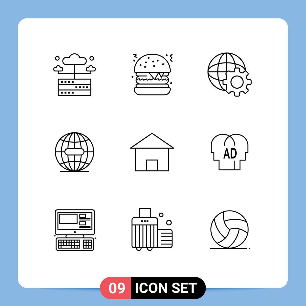 grupo de 9 sinais e símbolos de contornos para elementos de design de vetores editáveis de globo de construção de villa de casa de campo