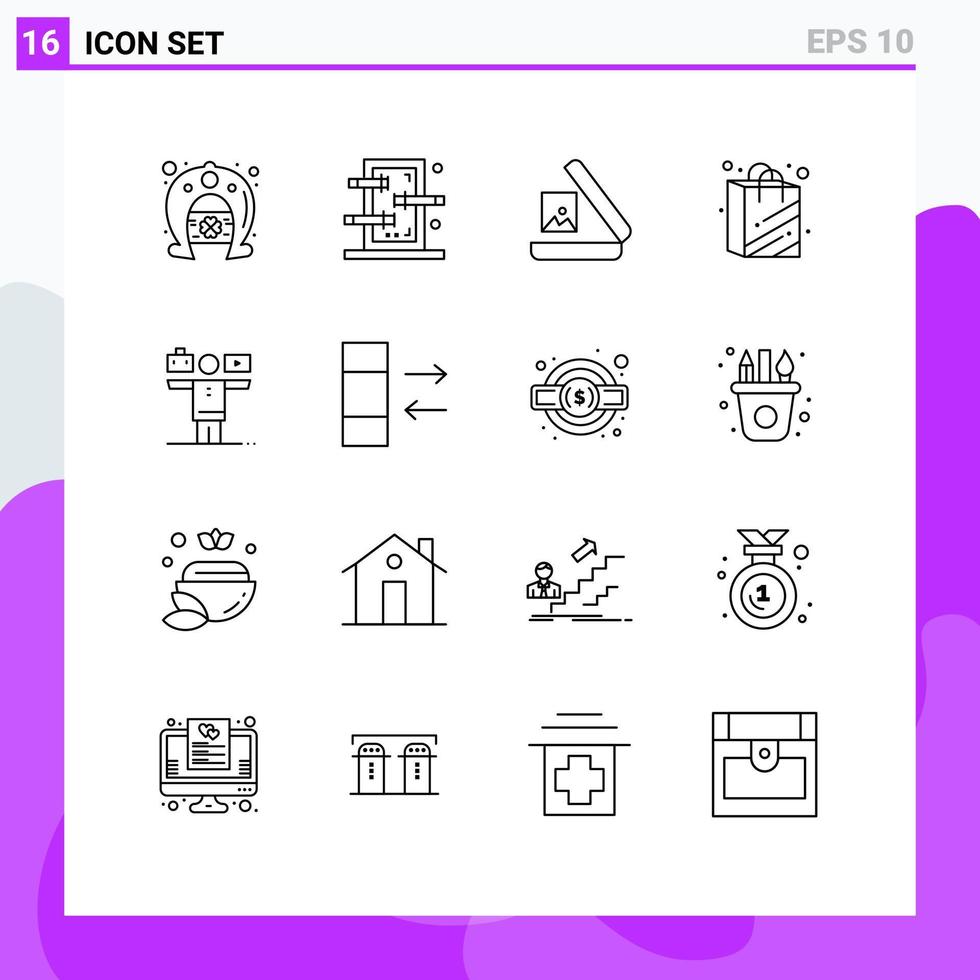 conjunto de 16 símbolos de símbolos de ícones de interface do usuário modernos para equilíbrio de imagem de vida profissional, sacola de compras, elementos de design de vetores editáveis