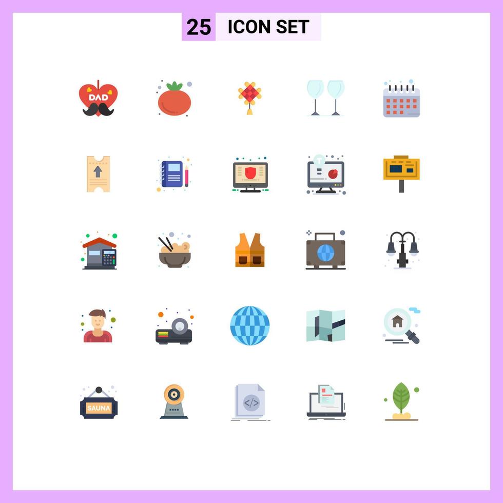 Pacote de cores planas de 25 interfaces de usuário de sinais e símbolos modernos de planejamento de dieta, óculos de hotel da china, elementos de design vetorial editáveis vetor
